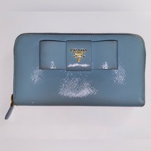 Prada Blue (Astrale) Saffiano Bow Leather Zip Wallet